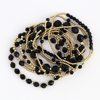 GRACE 8mm Swarovski & Gold Beaded Bracelet, Jet