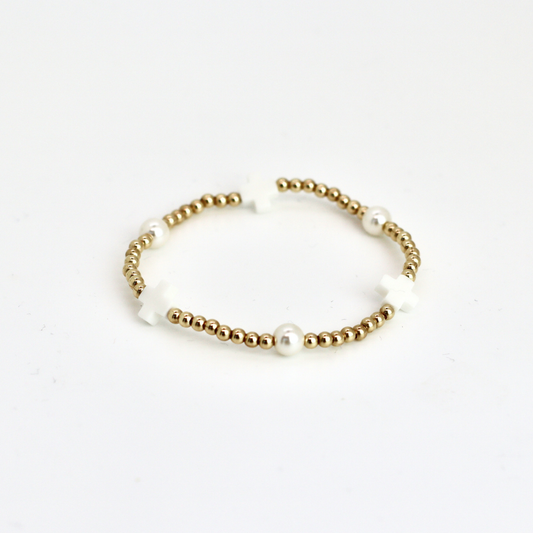 White Cross & Pearl 3mm Gold bracelet