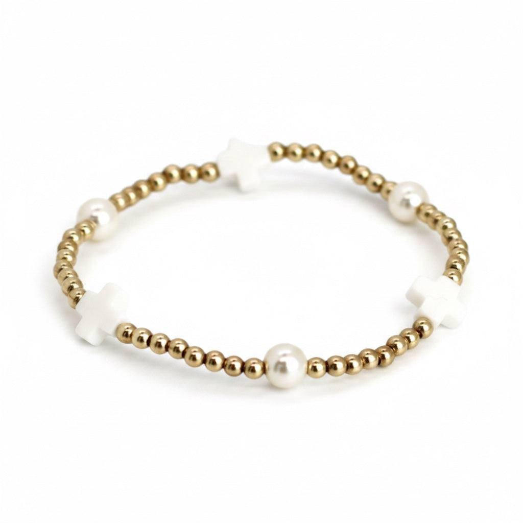 White Cross & Pearl, 3mm Gold bracelet