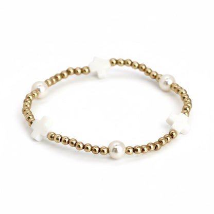White Cross & Pearl, 3mm Gold bracelet
