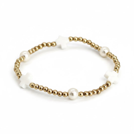 White Cross & Pearl, 3mm Gold bracelet