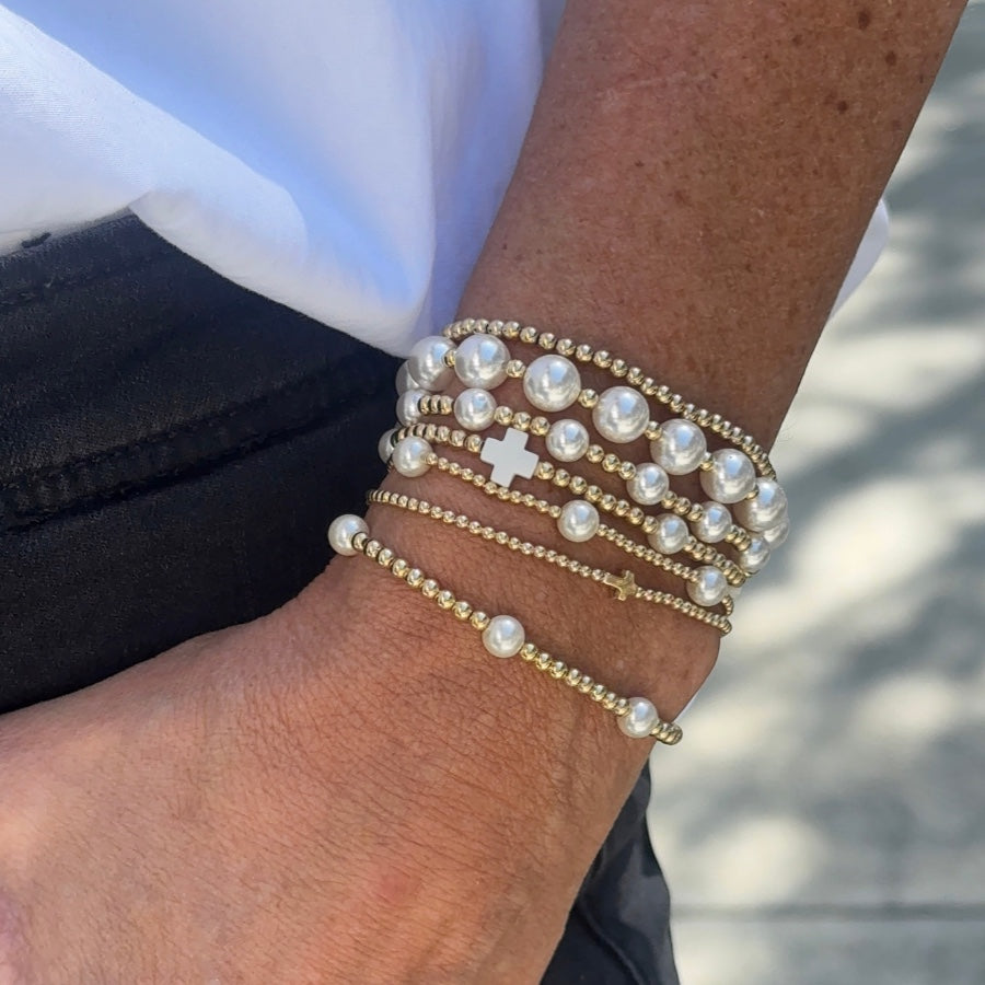White Cross & Pearl, 3mm Gold bracelet