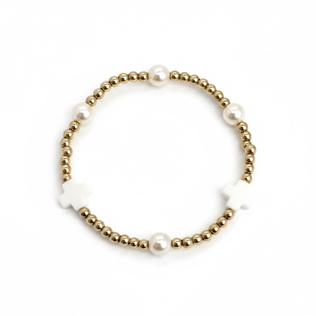 White Cross & Pearl, 3mm Gold bracelet